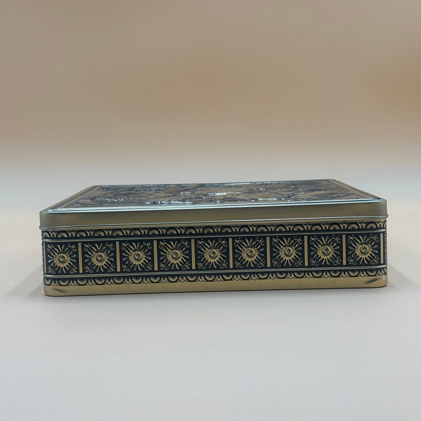 VTG French Victorian Biscuit Tin - Gold Embossed Scene