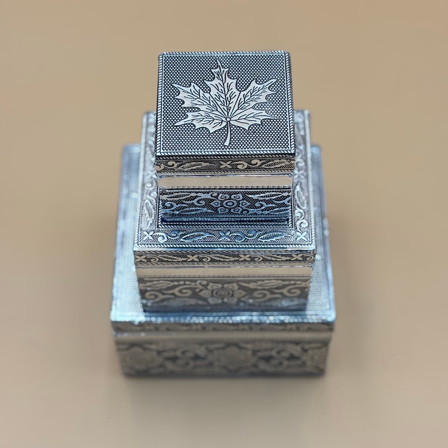 Handcrafted Silver-Toned Maple Leaf Trinket Box Set – 3 Sizes
