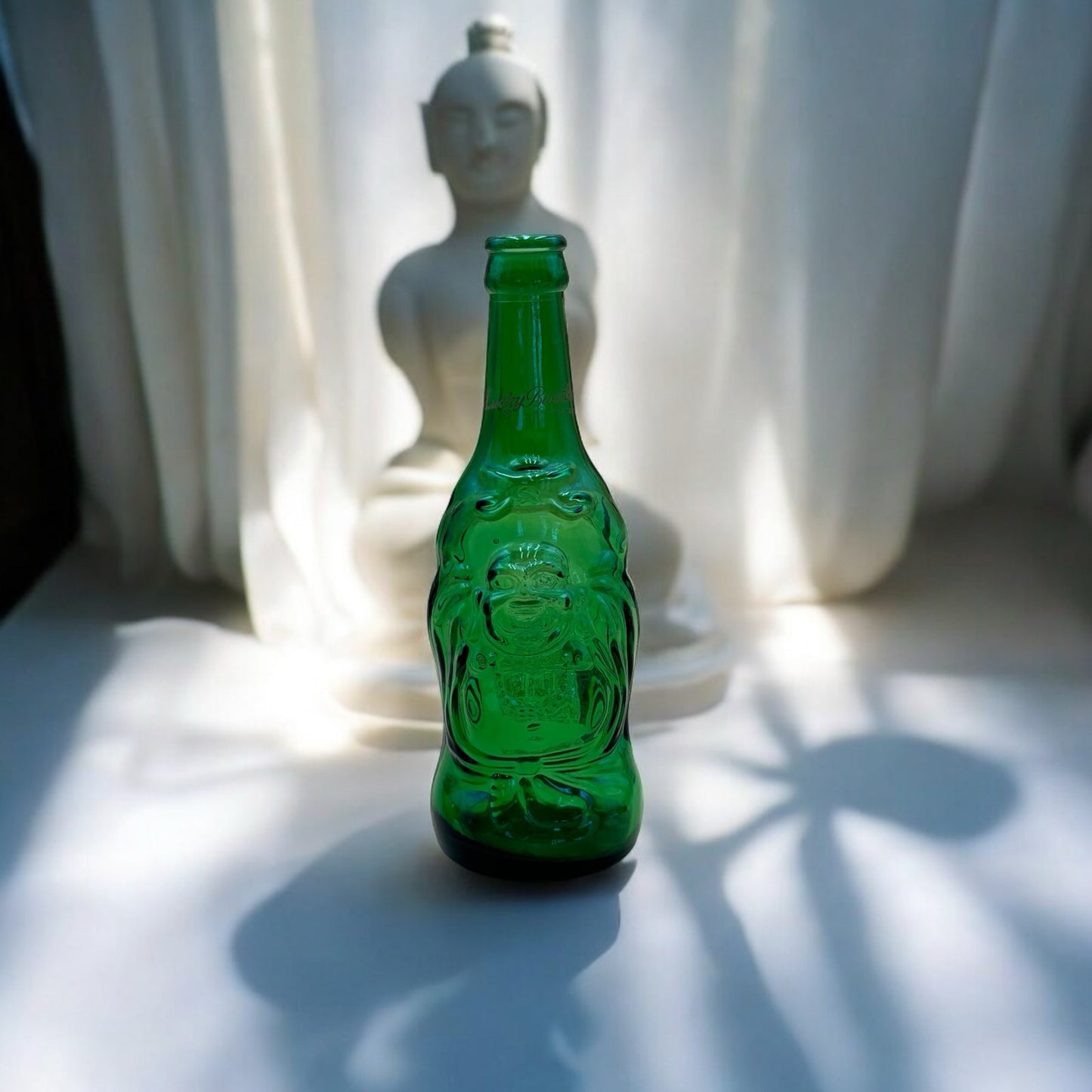 Vintage Lucky Buddha Beer Bottle – Embossed Green Glass Collectible