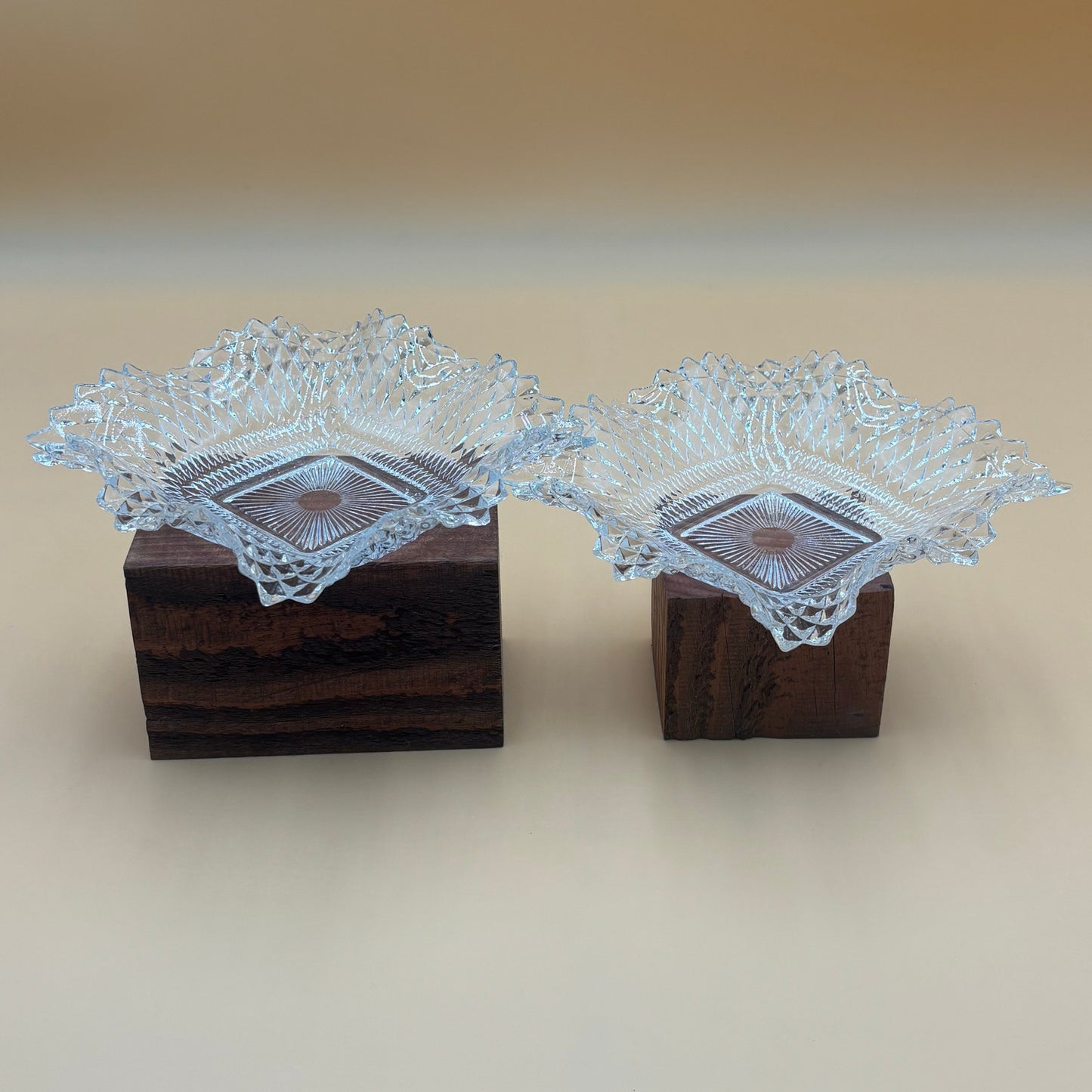 Vintage Diamond Cut Ruffled Edge Clear Glass Candy Dishes - Set of 2