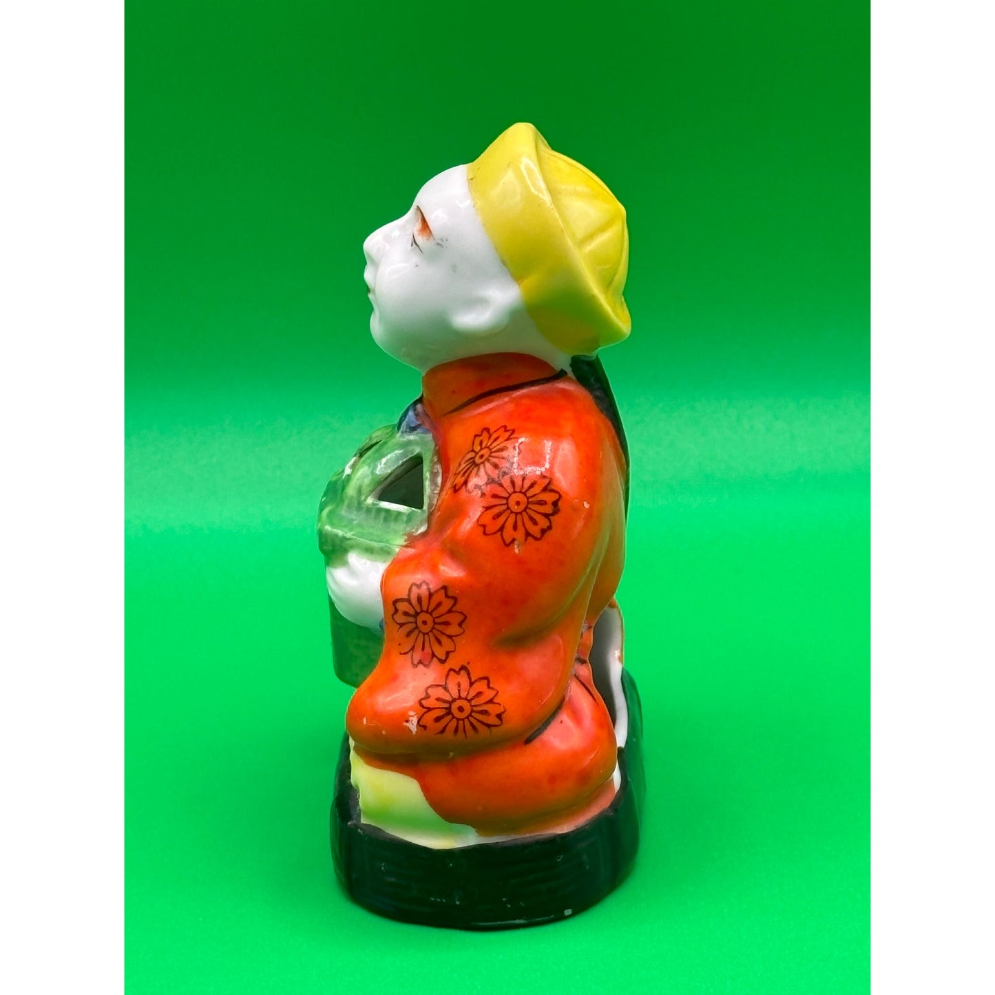 VTG Chinese Porcelain Incense Holder - Colorful Man with Green Basket - 3.25" Tall
