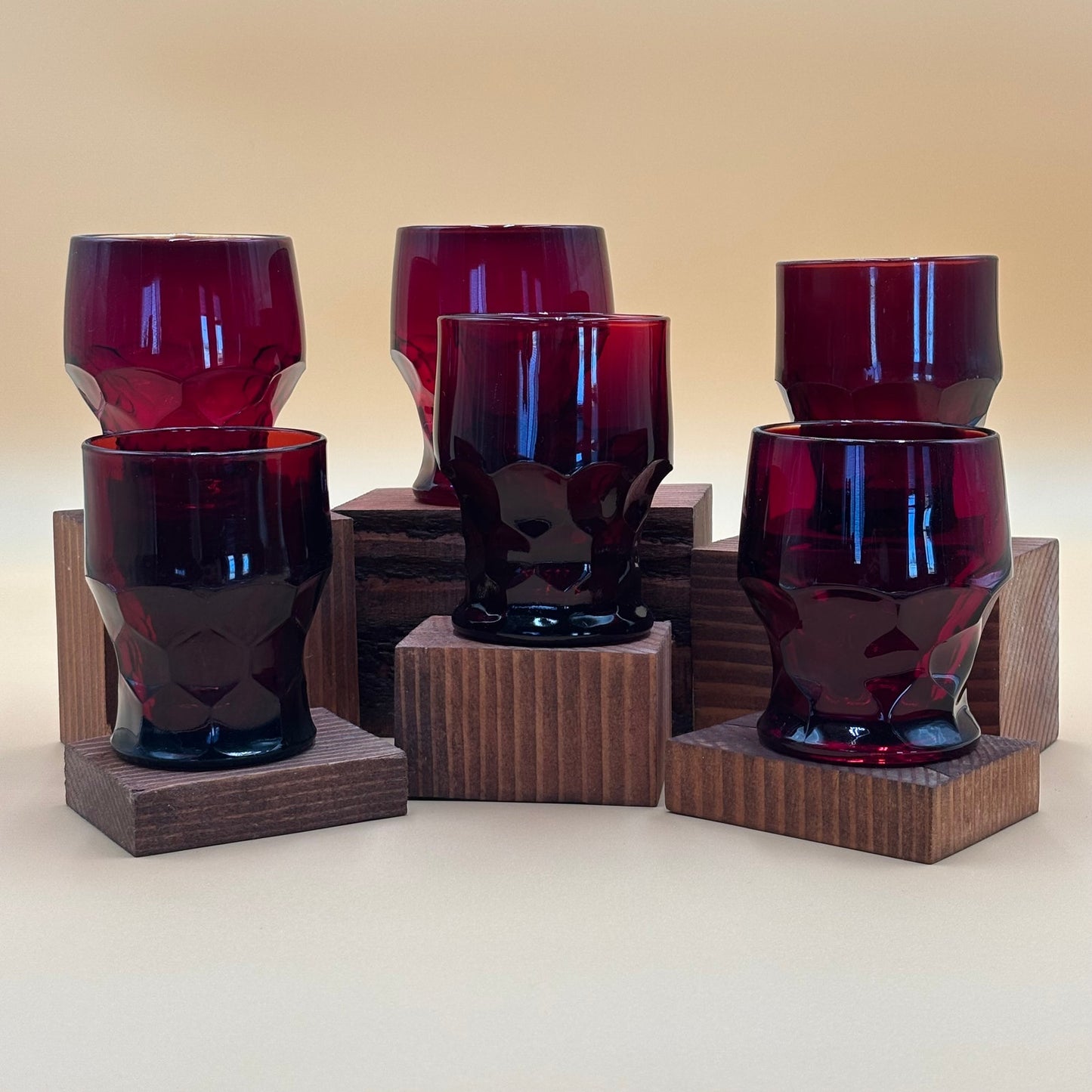 Set of 6 Vintage Ruby Red Glasses with Hexagonal/Honeycomb Base Mismatch
