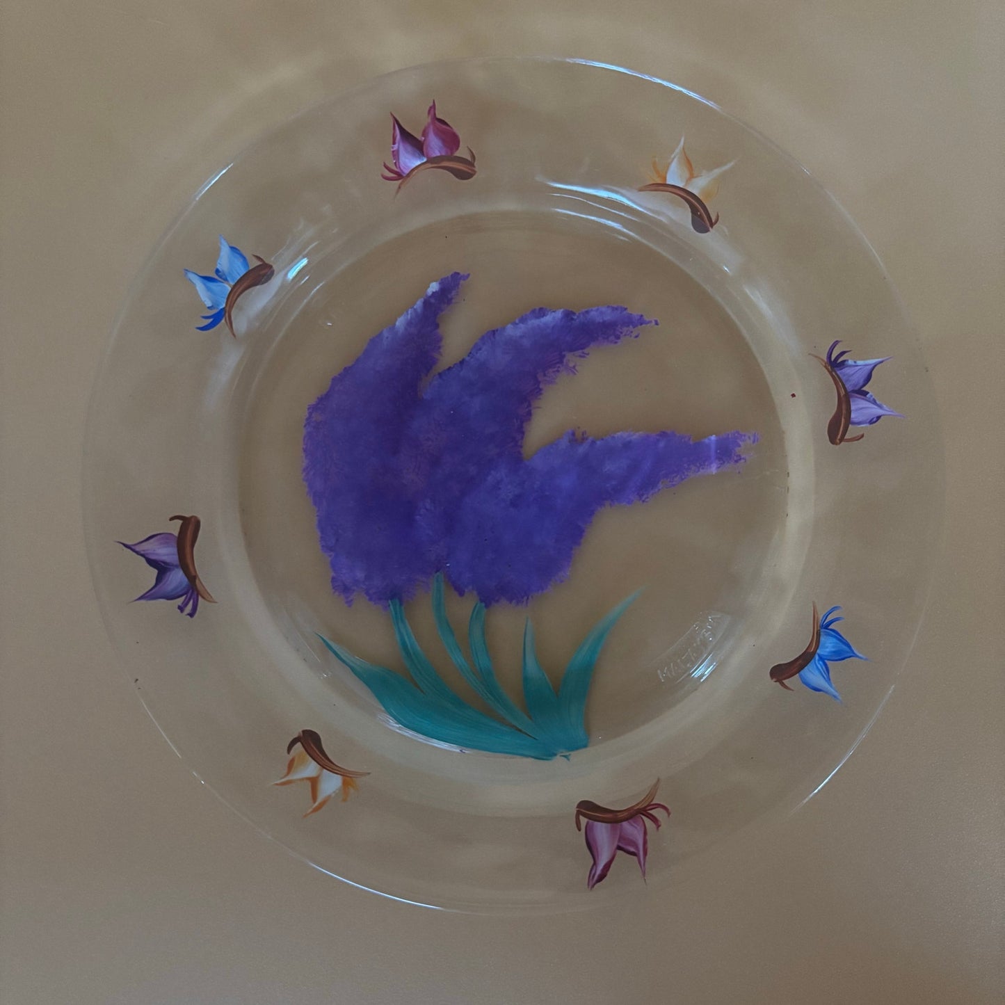 Handpainted Glass Plate - Purple Flowers & Butterflies - Malaysia