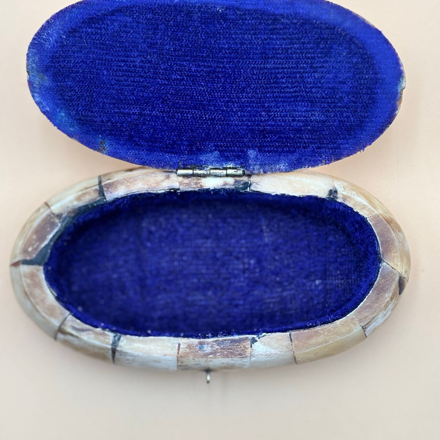 Vintage Indian Bone Inlay Trinket Box with Blue Velvet Lining – Handmade Art No. P187
