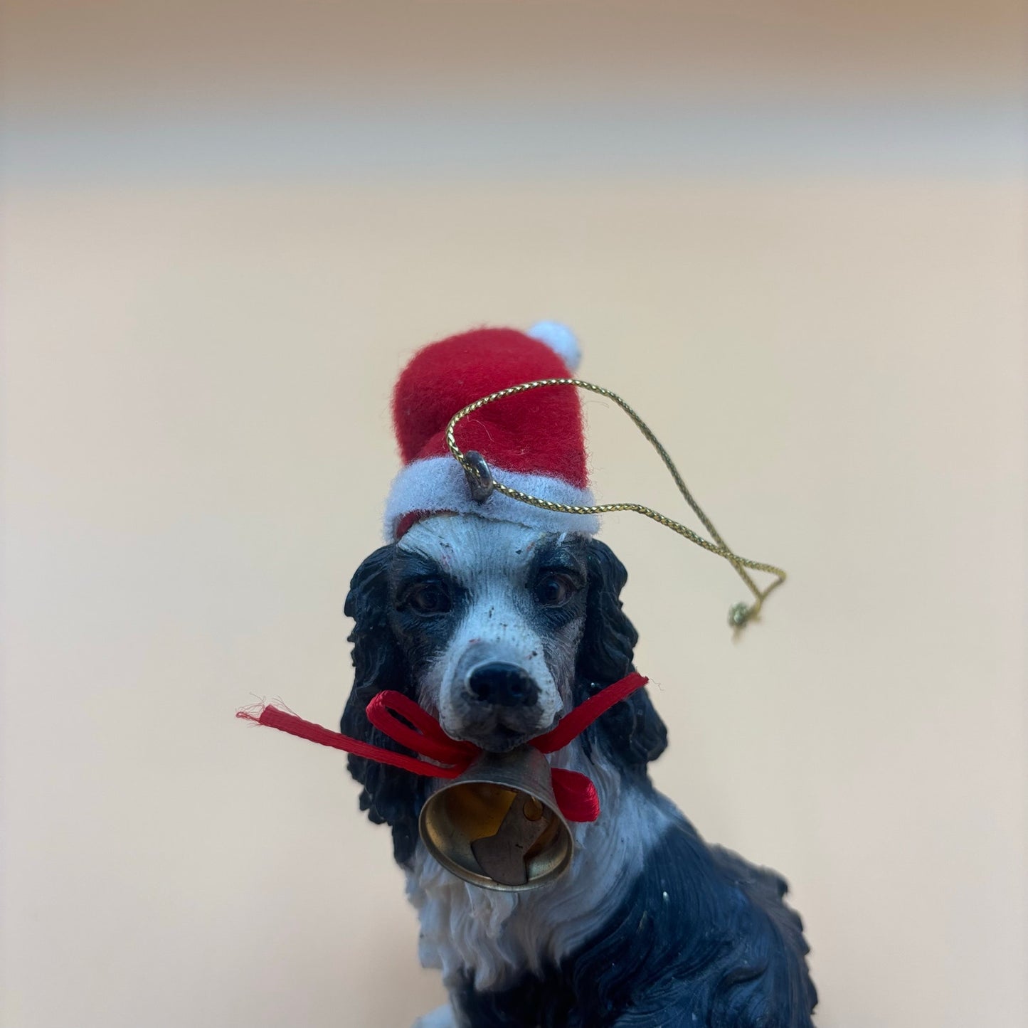 Black & White Spaniel Dog Ornament with Santa Hat