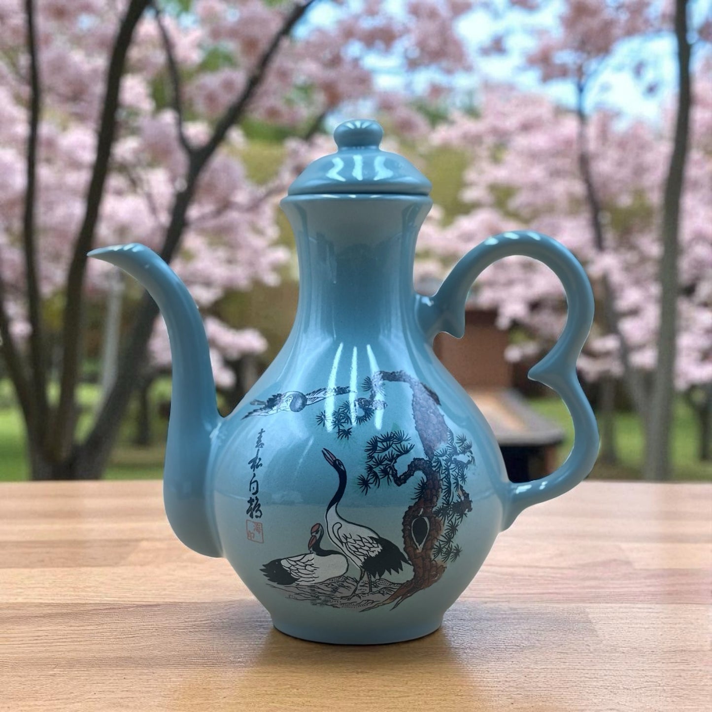 Sage Green Vintage Japanese Sake Pitcher with Bird Motif