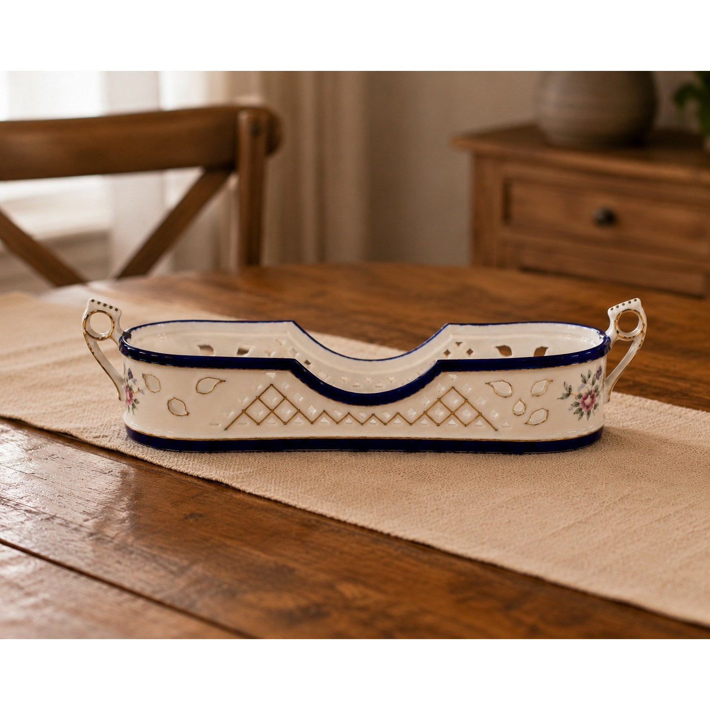 Imperial Limoges France Porcelain Utensil Holder Caddy Floral Cobalt Blue Gold Trim