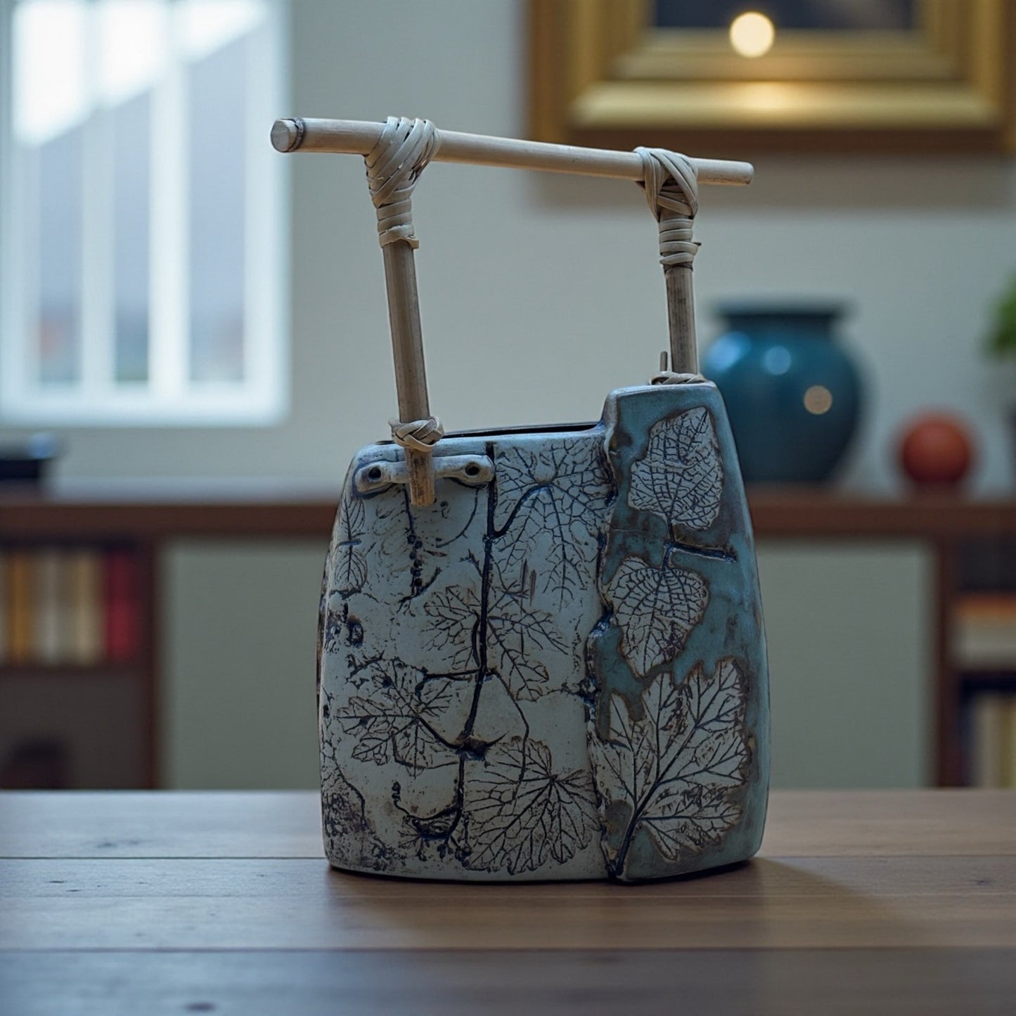 Malaysia Handicraft Tenmoku Pottery Vase with Bamboo Handle