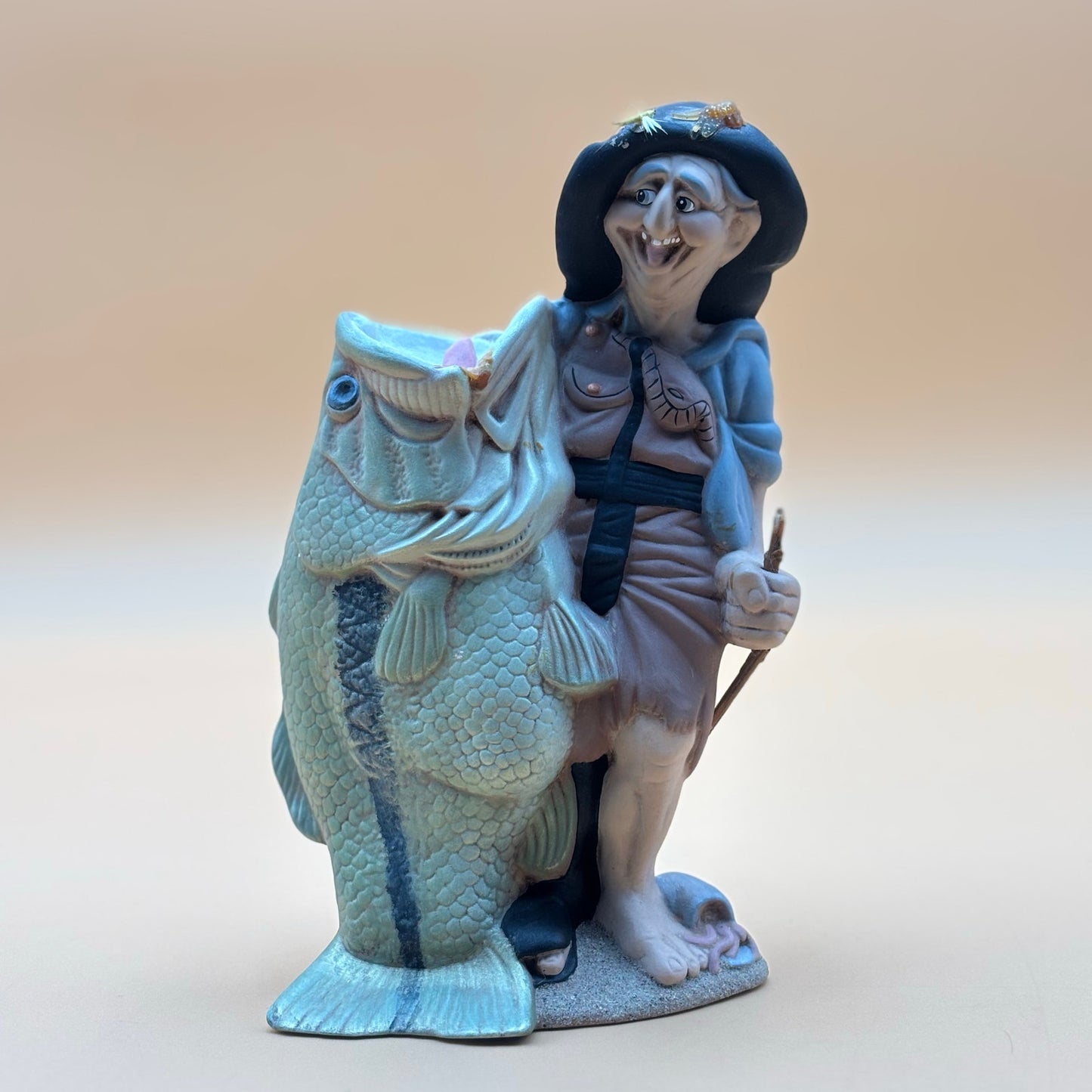 Funny Vintage Fisherman Figurine with Big Bass Fish