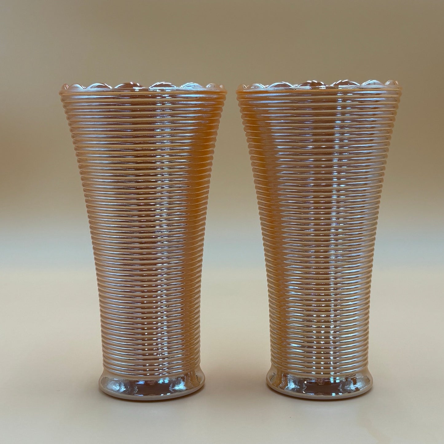 Vintage Fire King Peach Luster Scalloped Vases - Set of 2