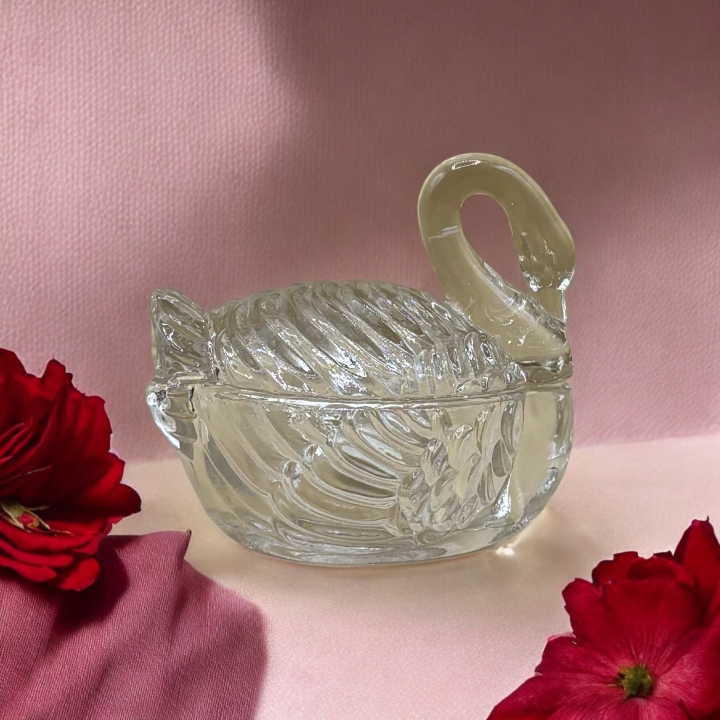 Crystal Swan Trinket Dish with Lid - Clear Glass Box