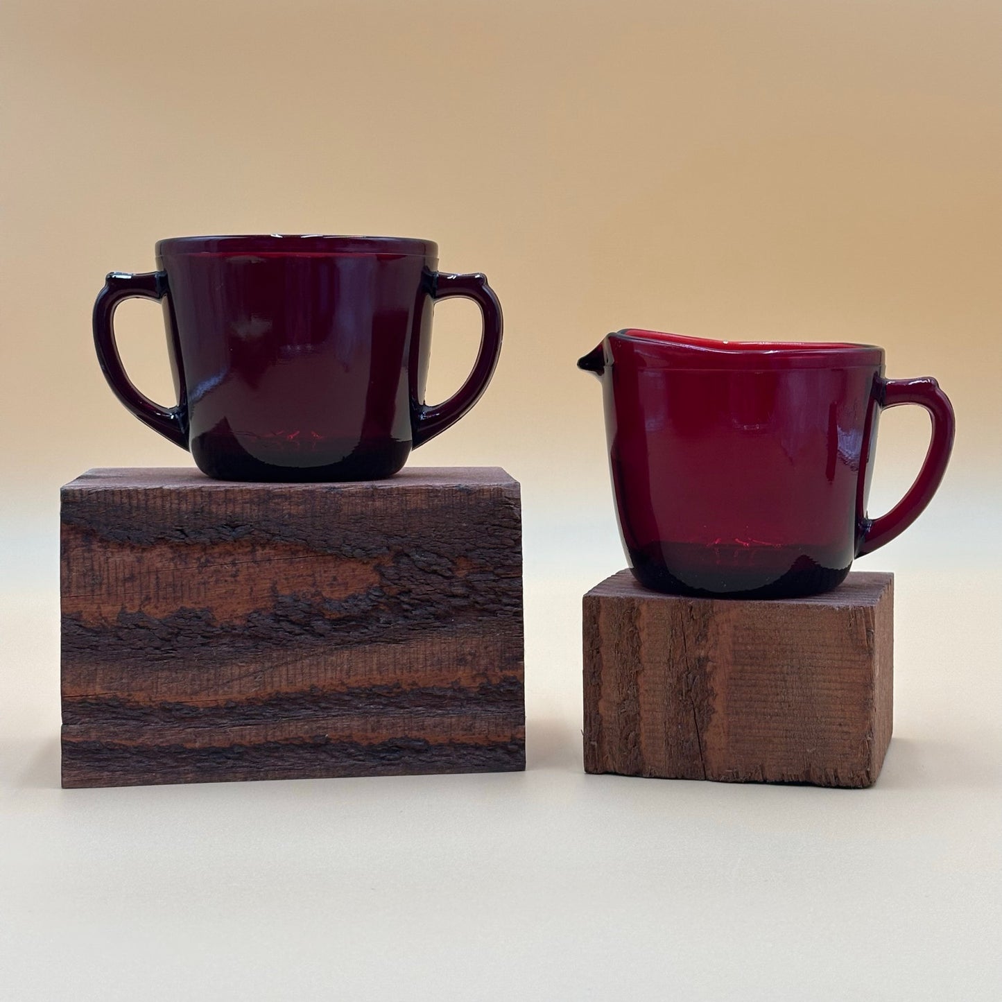 Vintage Ruby Red Glass Creamer & Sugar Set