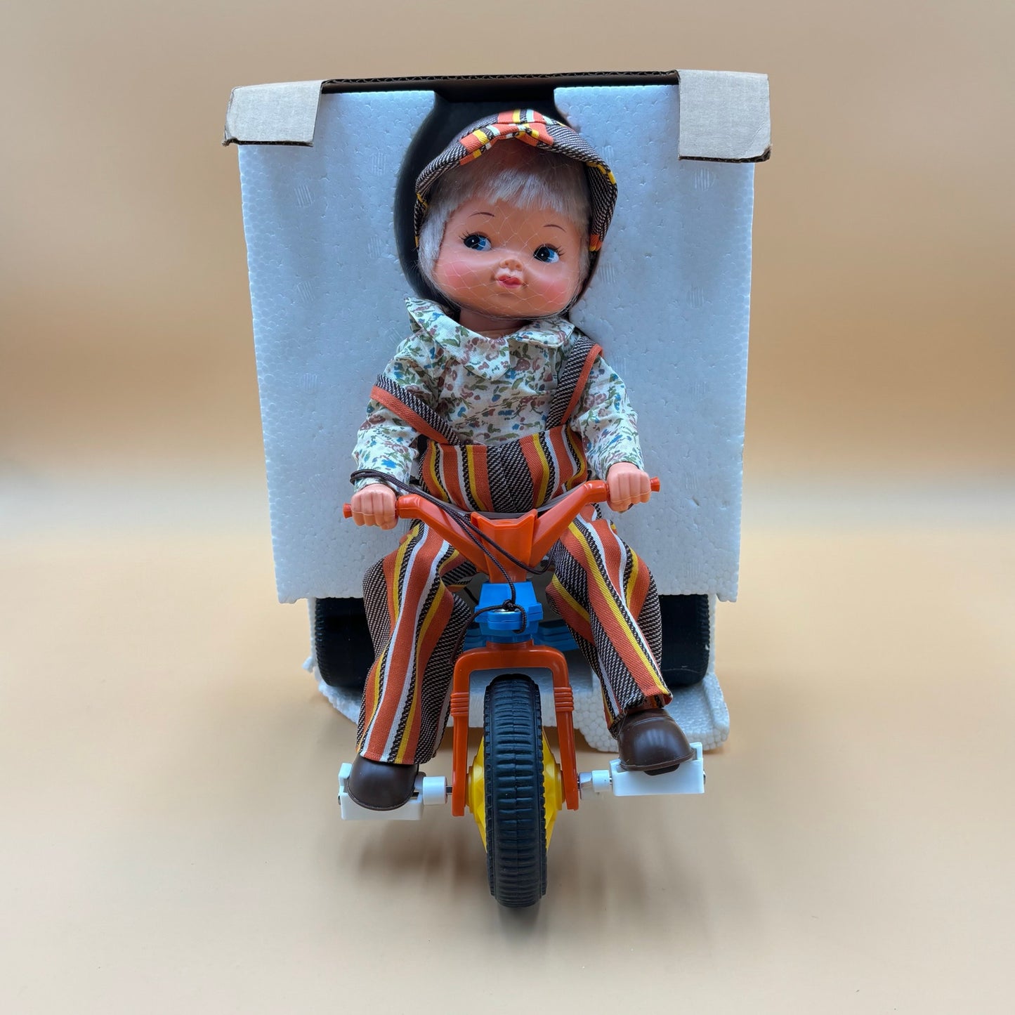Vintage 1978 Playmates Pull Toy – Tricycle Doll with Striped Overalls
