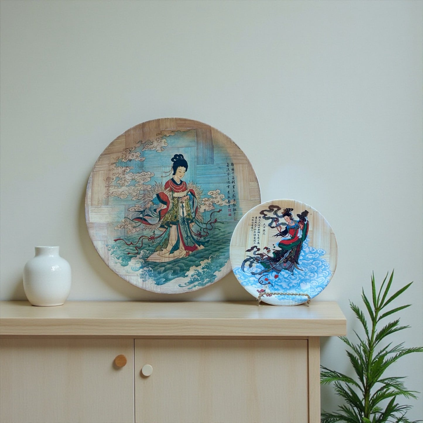 Bamboo Plates “Flowers Scattered by the Goddess” & “Goddess of the Lo River”