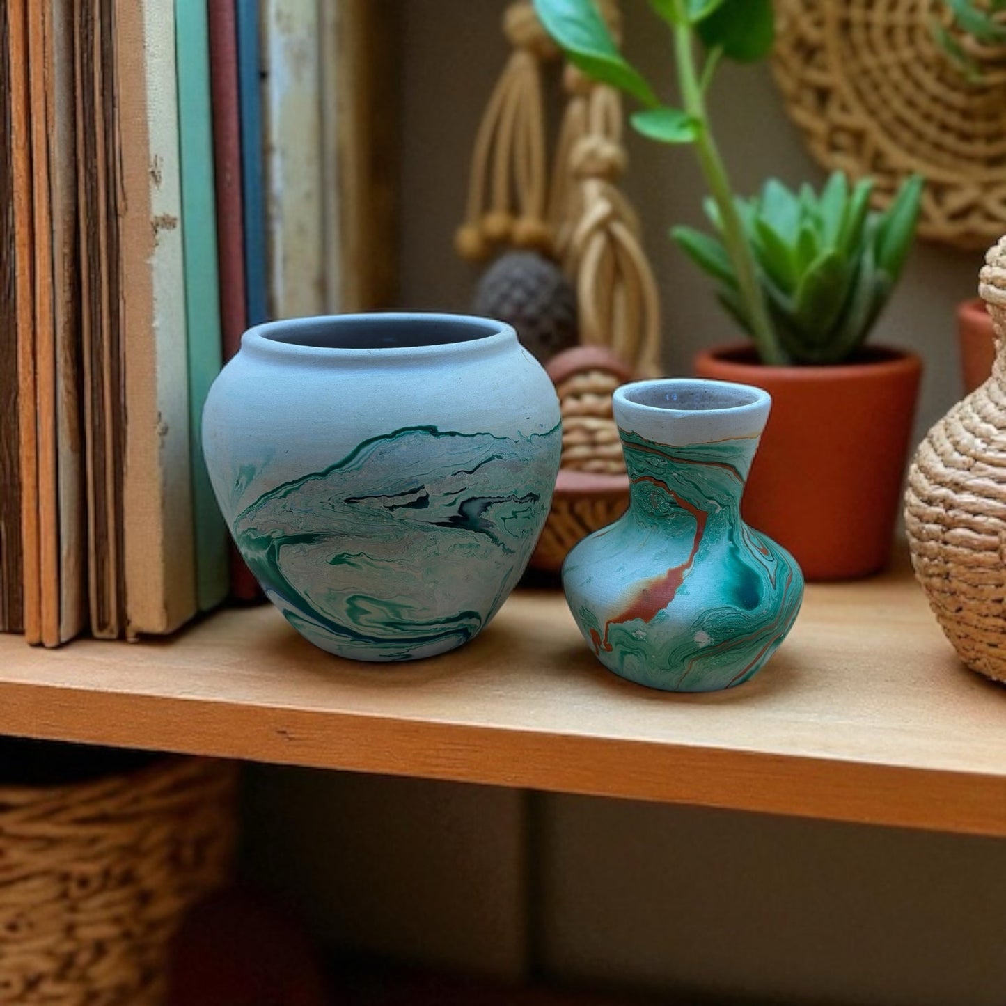 Pair of Vintage Nemadji Pottery Vases – Swirled Green, Blue & Orange Clay