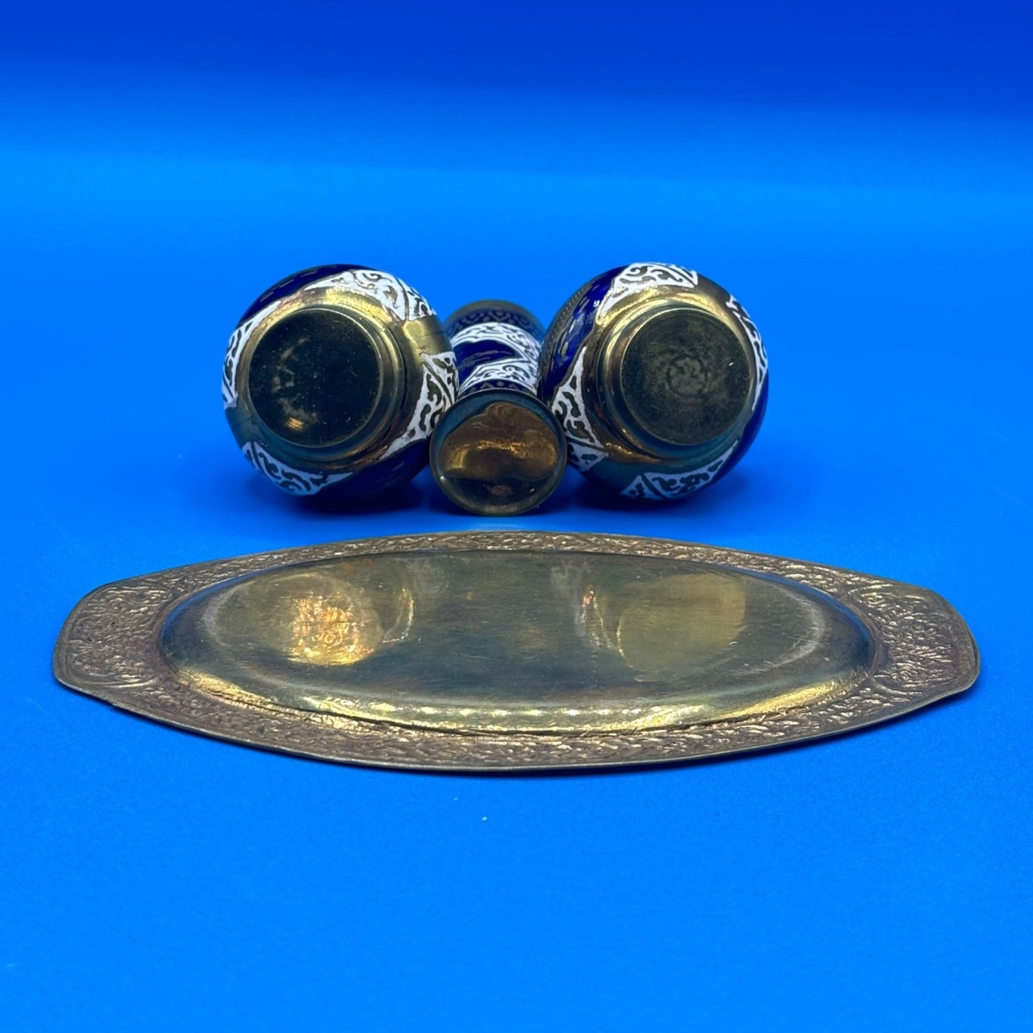 Vintage Asian Brass Salt & Pepper Shaker Set with Toothpick Holder & Tray