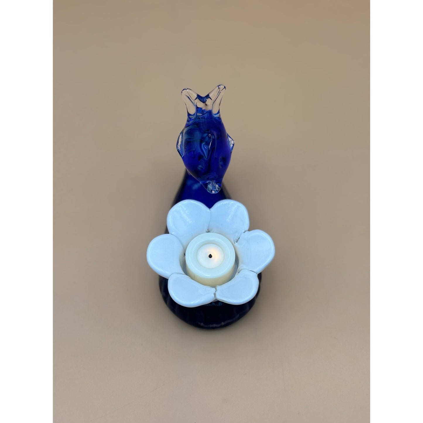 Hand-Blown Unique Blue Glass Fish Tealight Holder