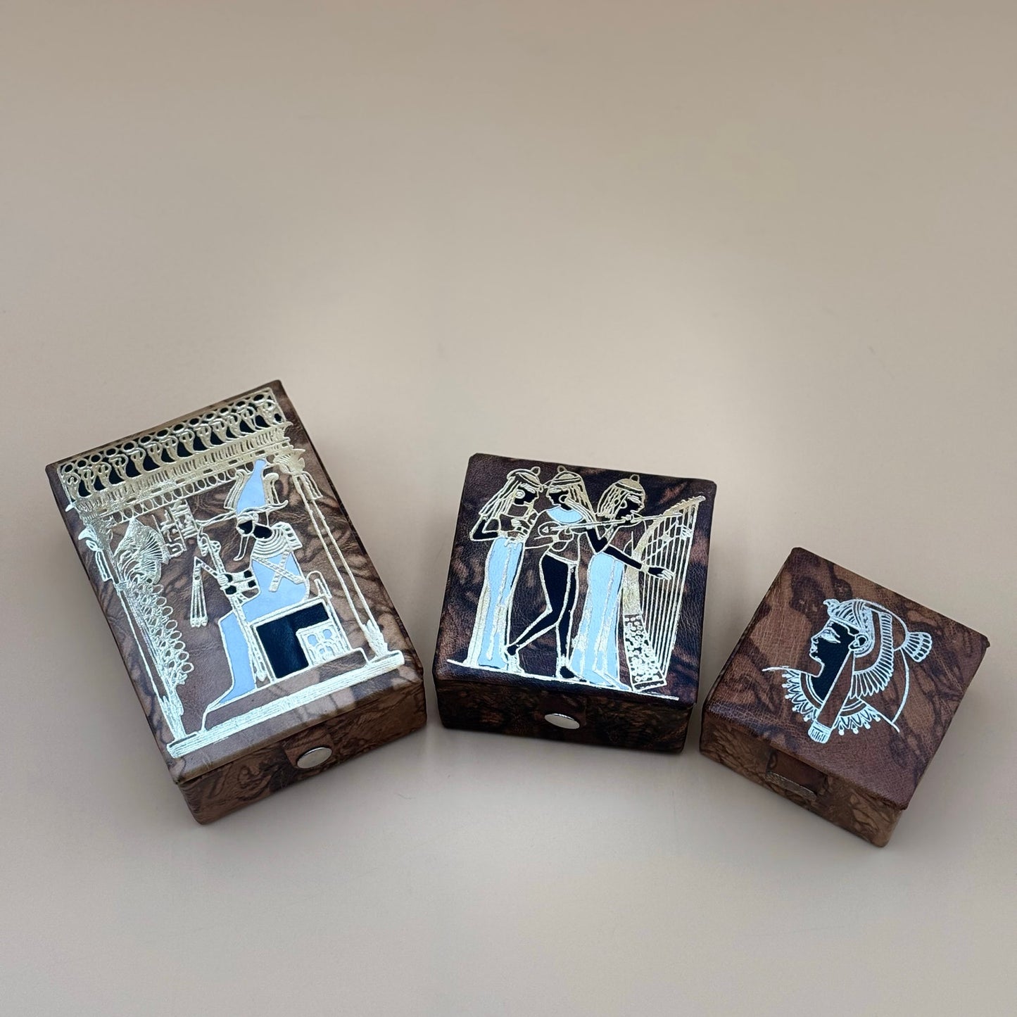VintaEgyptian Leather Jewelry Boxes Set of 3 with Silver Embossed Designs & Red Felt Lining