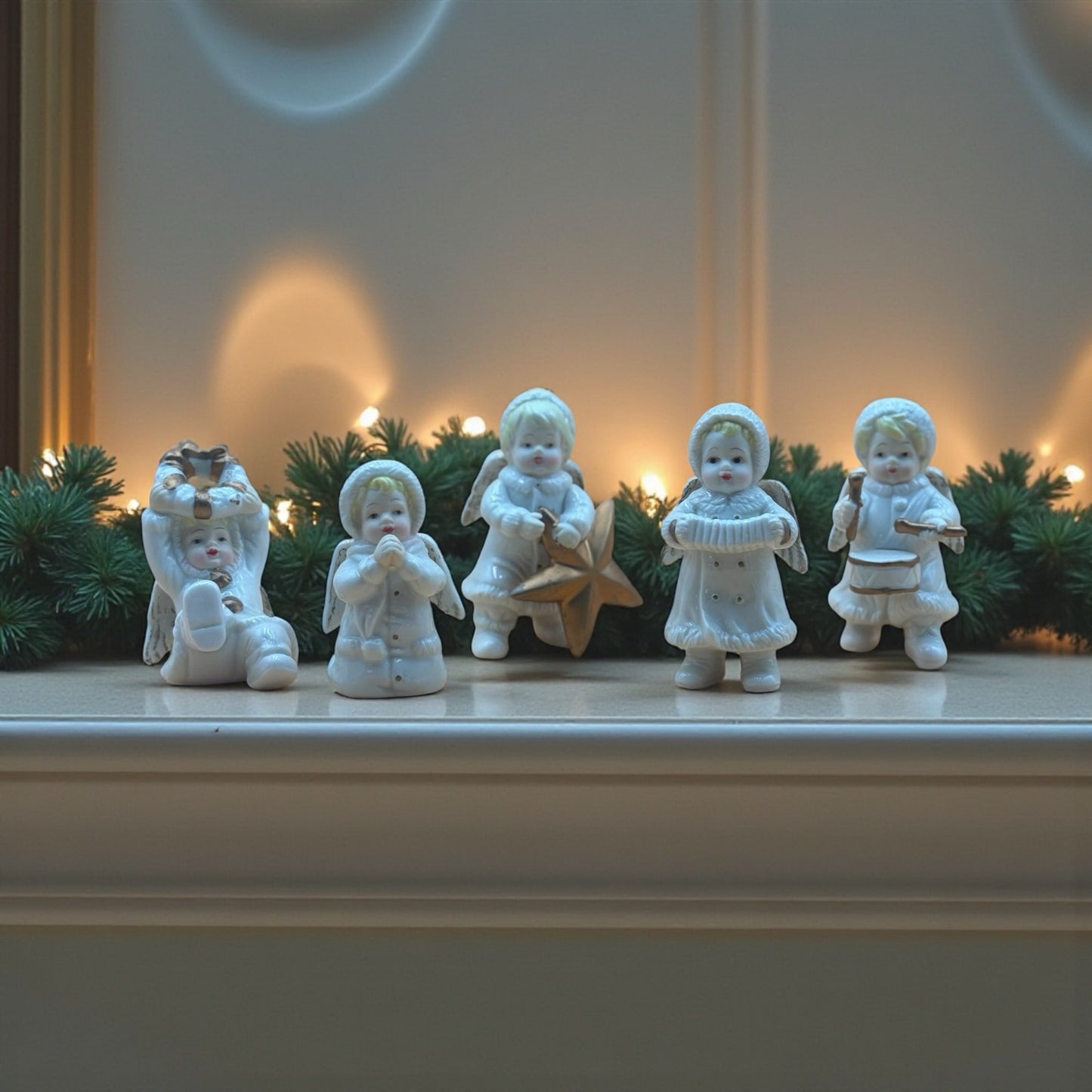 Set of 5 Vintage Ceramic Winter Angels with Gold Accents