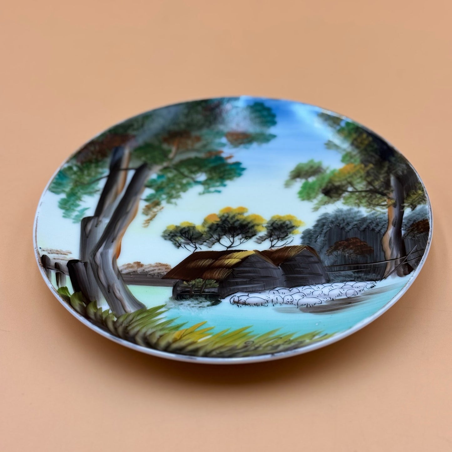 Vintage Hand-Painted Japanese Landscape Plate – Signed Hitomi 8.25 in.