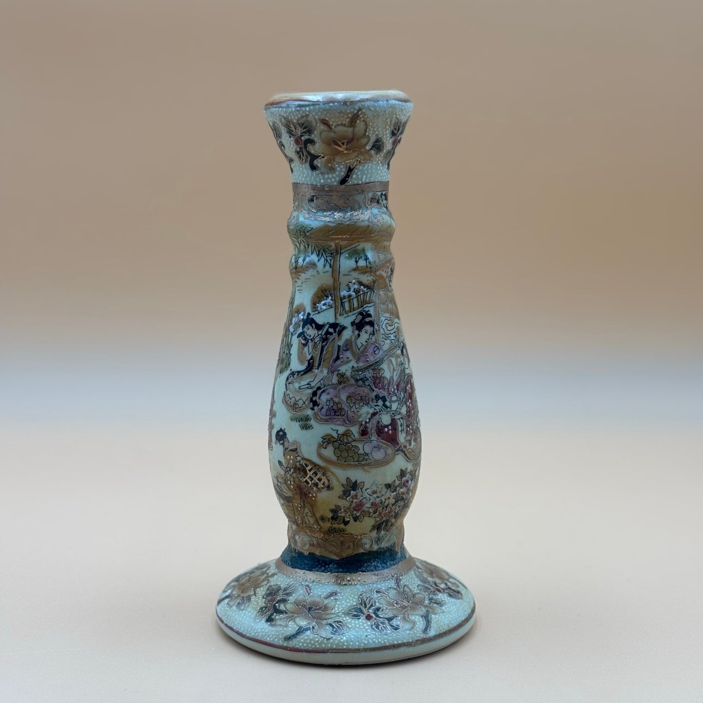 Asian Hand-Painted Porcelain Candlestick – 9”