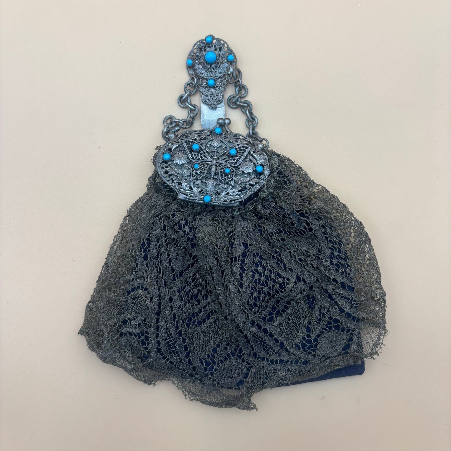 Antique Clip-On Purse with Mirror β Olive Green Lace & Blue Cloth Lining