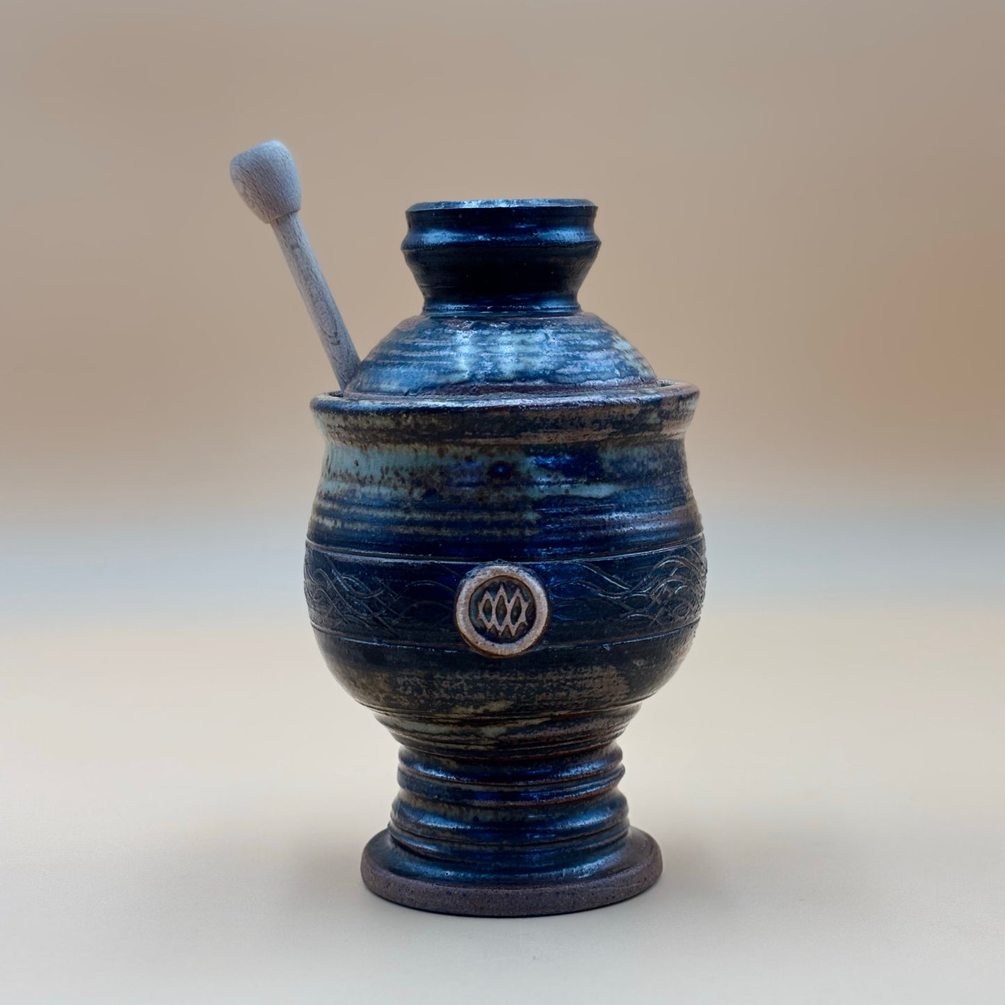 Studio Pottery Honey Jar with Dipper β Olive Green Earth Tone Glaze