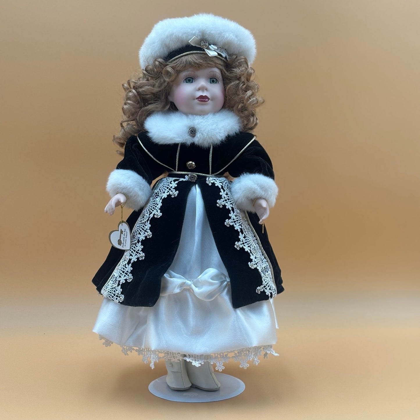 Key to Your Heart Porcelain Doll – Victorian Velvet & Lace Coat with Gold Key