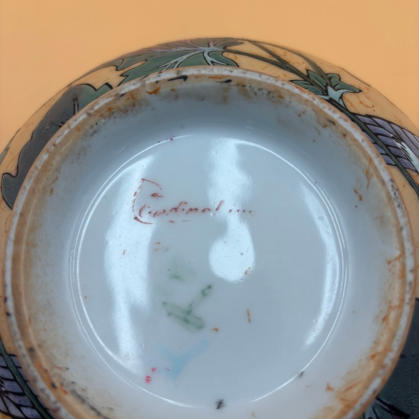 Vintage Crackle Glaze Hand-Painted Ceramic Bowl with Cardinal and Grape Design