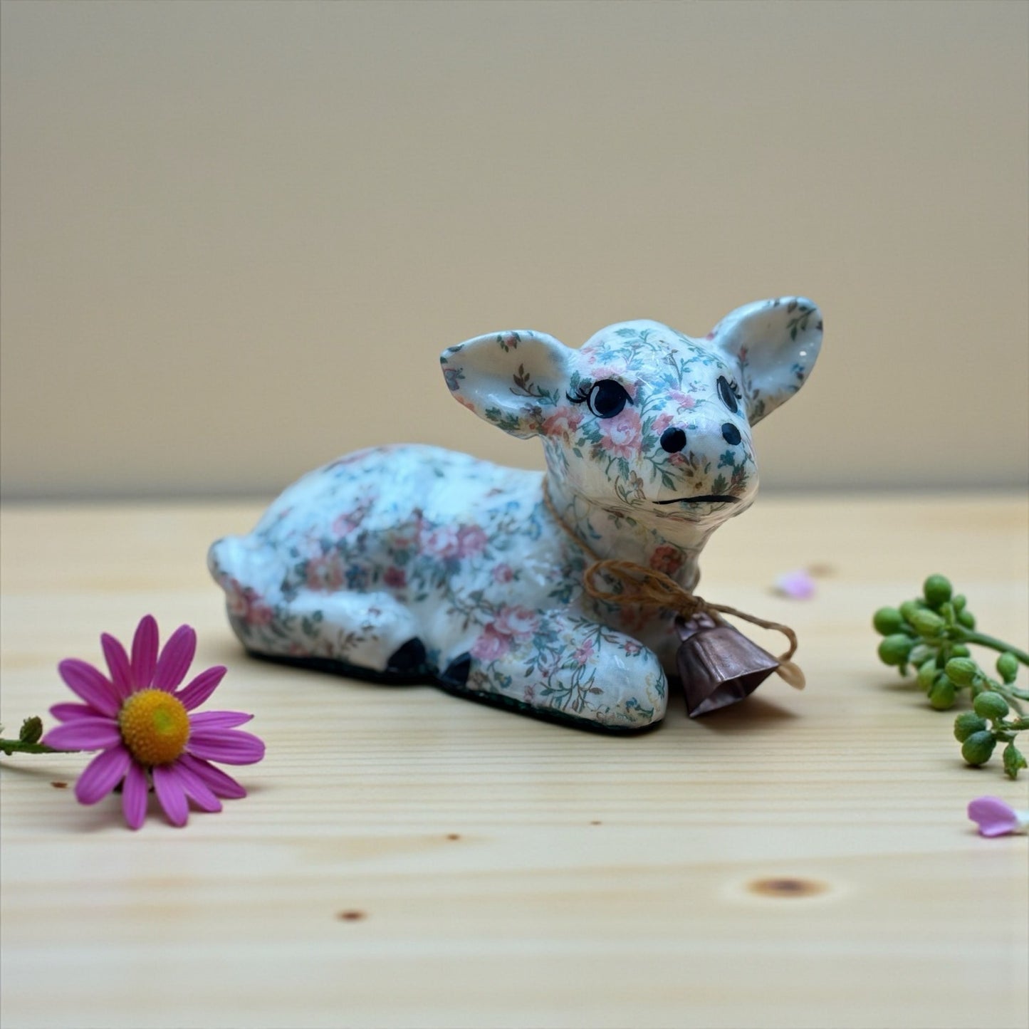 Decoupage Vintage Floral Lamb Figurine with Bell 7"