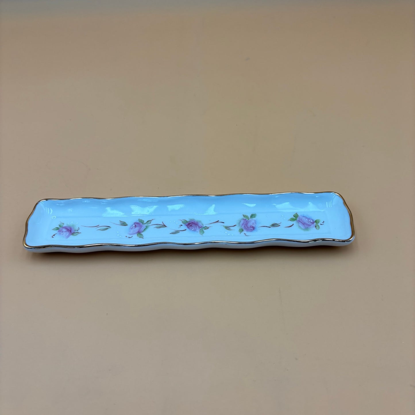 Vintage Hand Painted Porcelain Tray with Pink Roses and Gold Trim