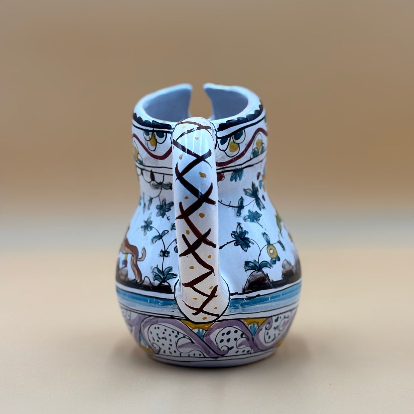 Vintage Portuguese Coimbra Pitcher – Hand-Painted Bird & Floral Talavera-Style Pottery