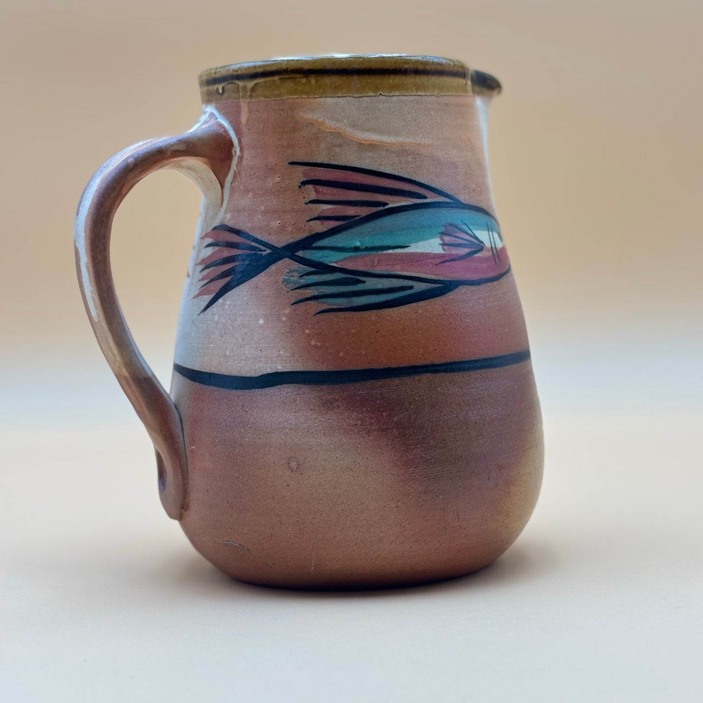 Studio Pottery Fish Pitcher with “M” Handle Mark – Hand-Painted 8″