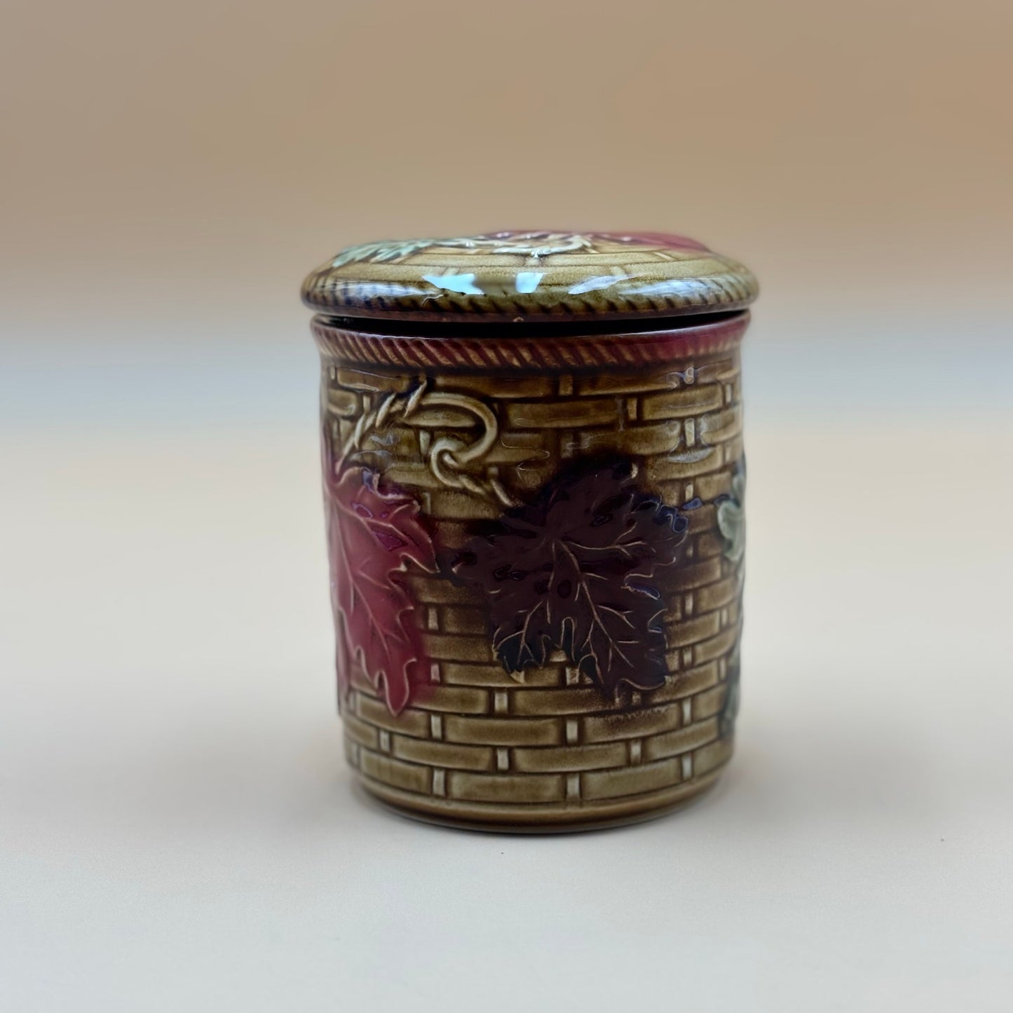Vintage Embossed Ceramic Canister with Grapevine Design – Brown & Burgundy