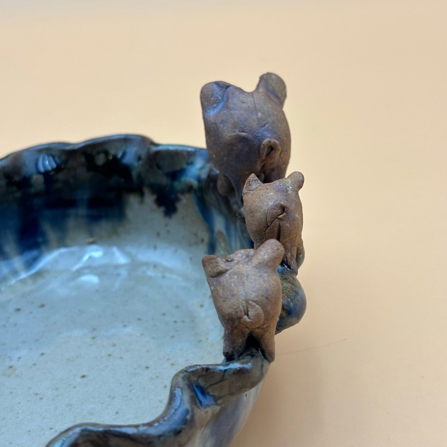 Handmade Pig Trio Blue & Brown Glazed Pottery Bowl