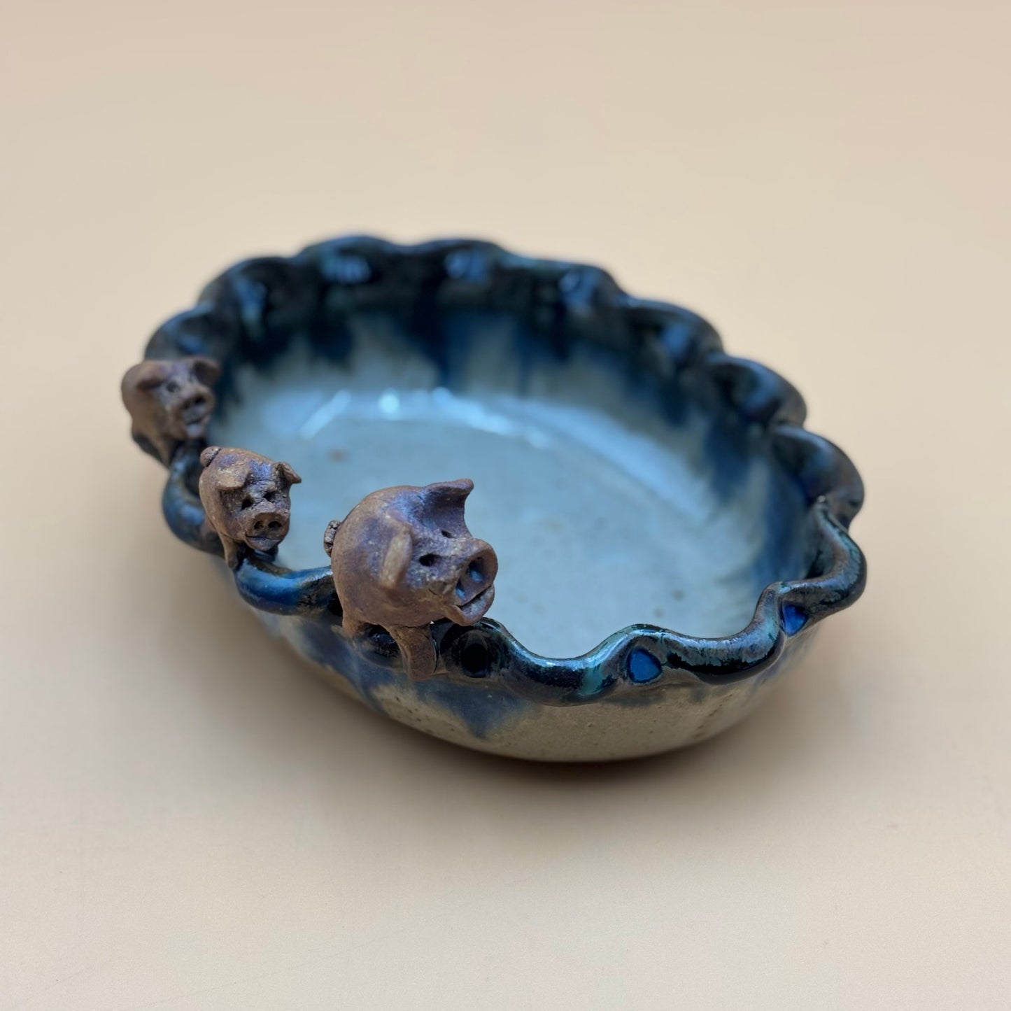 Handmade Pig Trio Blue & Brown Glazed Pottery Bowl