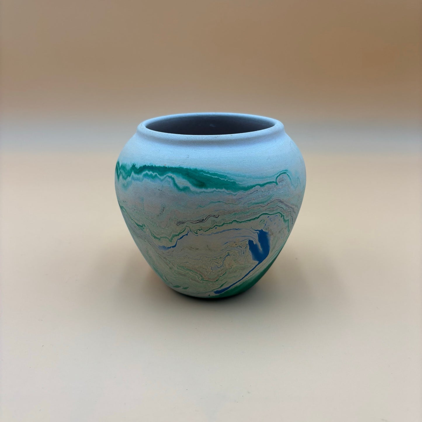 Pair of Vintage Nemadji Pottery Vases – Swirled Green, Blue & Orange Clay