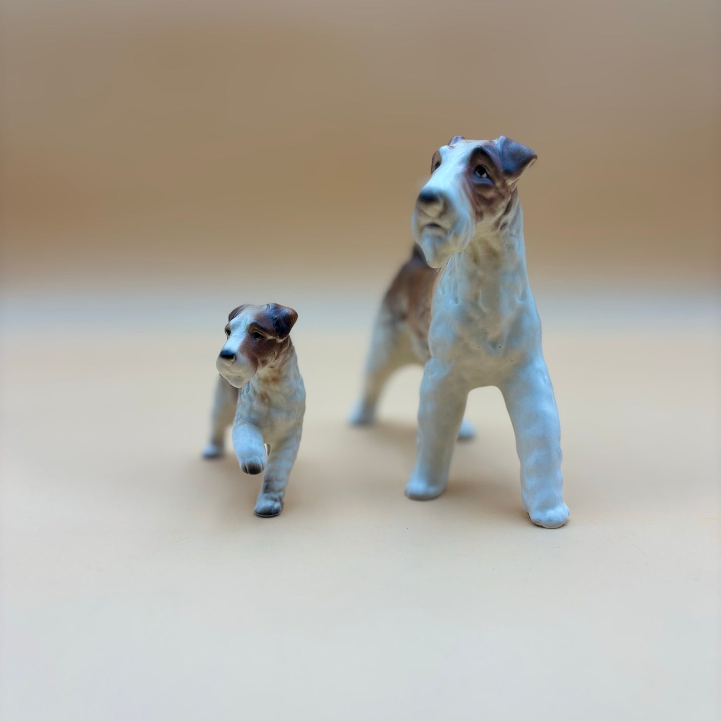 Vintage Lifelike Playful Porcelain Wire Fox Terrier Dog Figurines Set