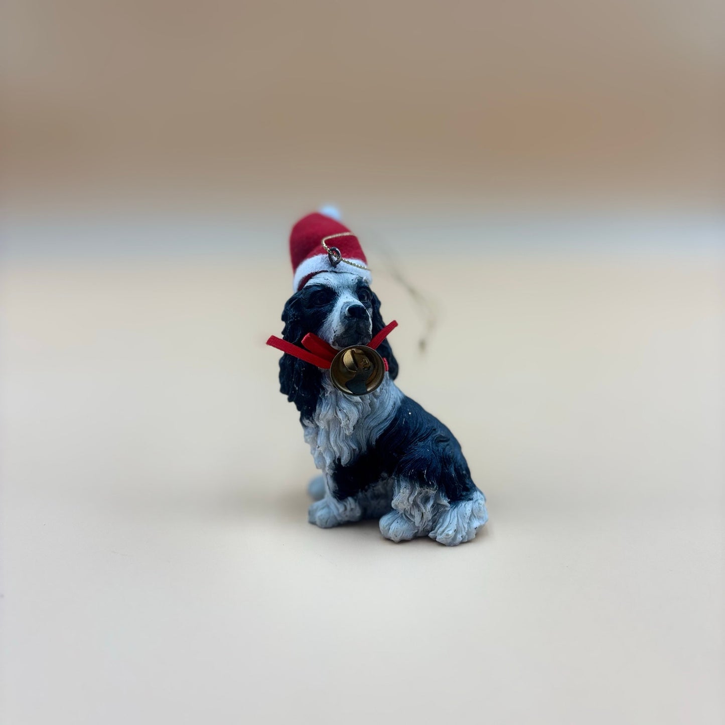 Black & White Spaniel Dog Ornament with Santa Hat