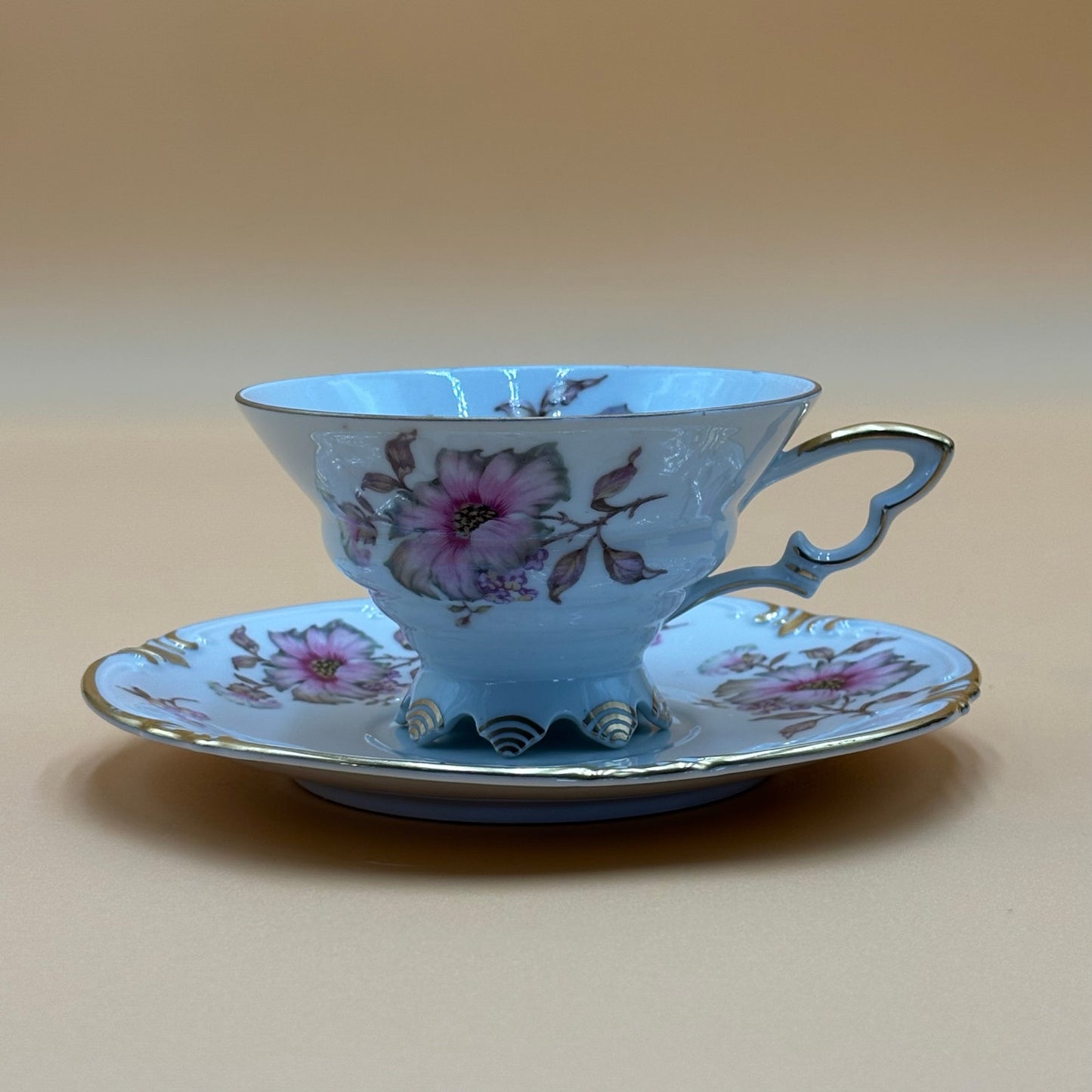 Vintage Mitterteich Bavaria Dogwood Teacup & Saucer - Gold Trim