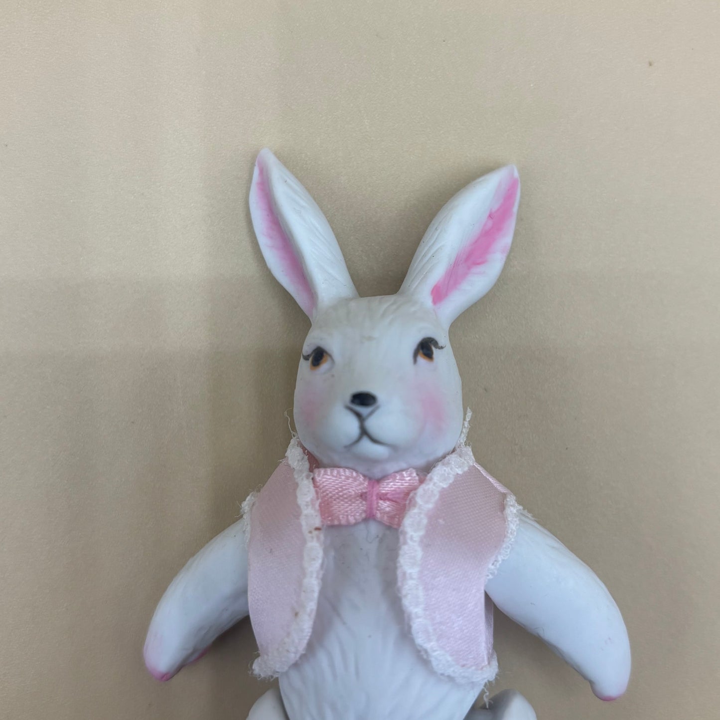 Vintage White Porcelain Jointed 4.5" Bunny Figurine with Pink Vest