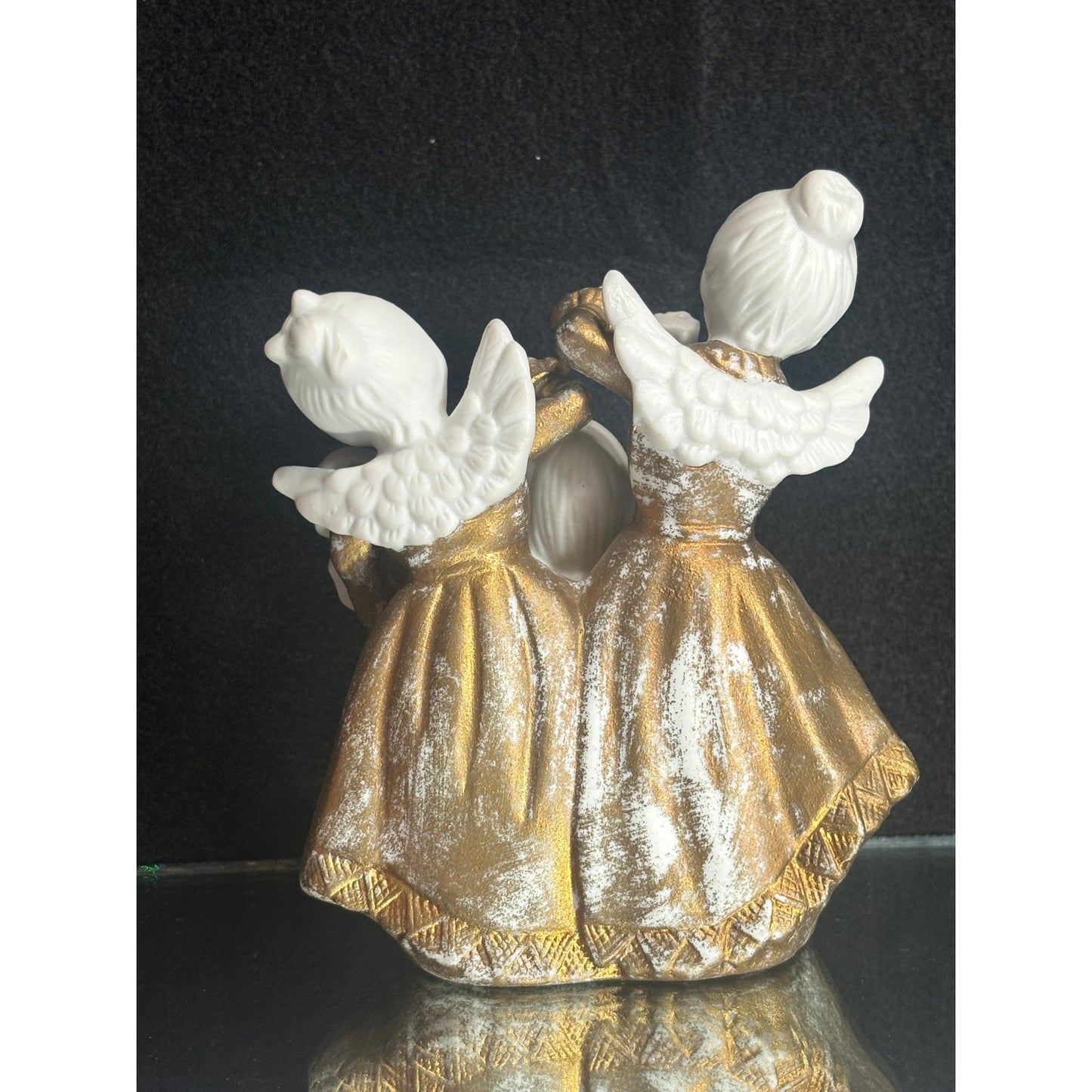 Vintage Hand-Painted Trio of Musical Angels Figurines - Gold & White Porcelain - Violin, Flute, and Singing Angels.