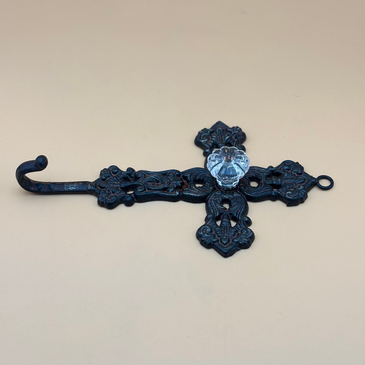 Wrought Iron Wall Cross with Crystal Knob Hook