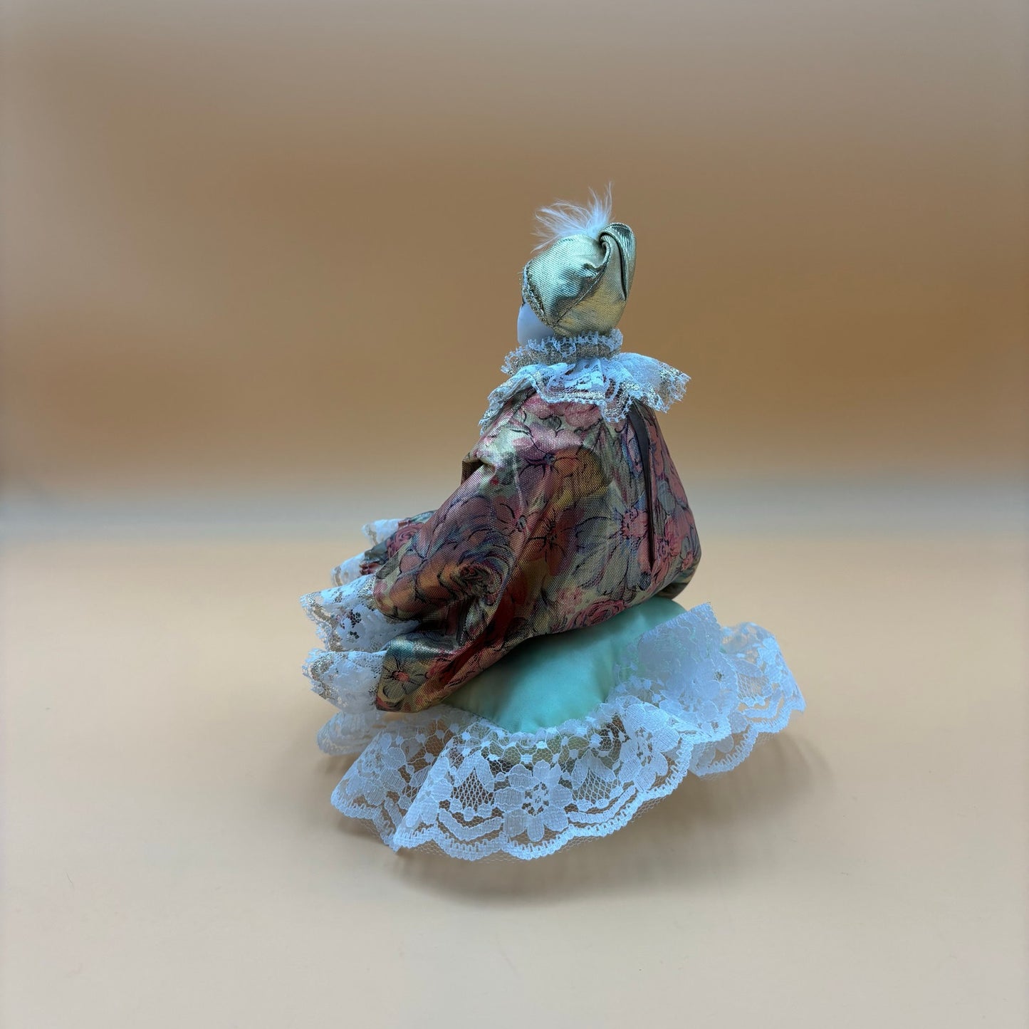 Porcelain Musical Clown Doll – Gold & Floral Dres