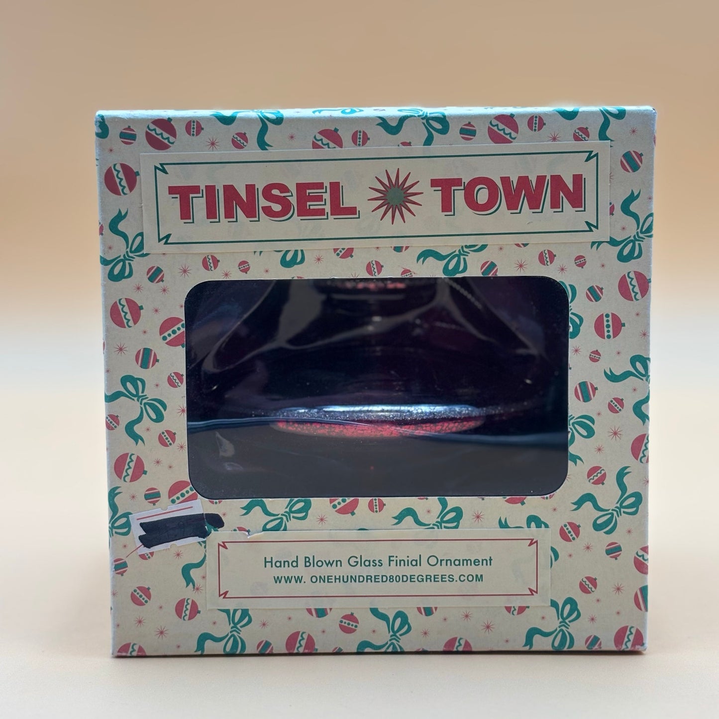 Tinsel Town Hand-Blown Glass Finial Ornament with Box Red & Silver