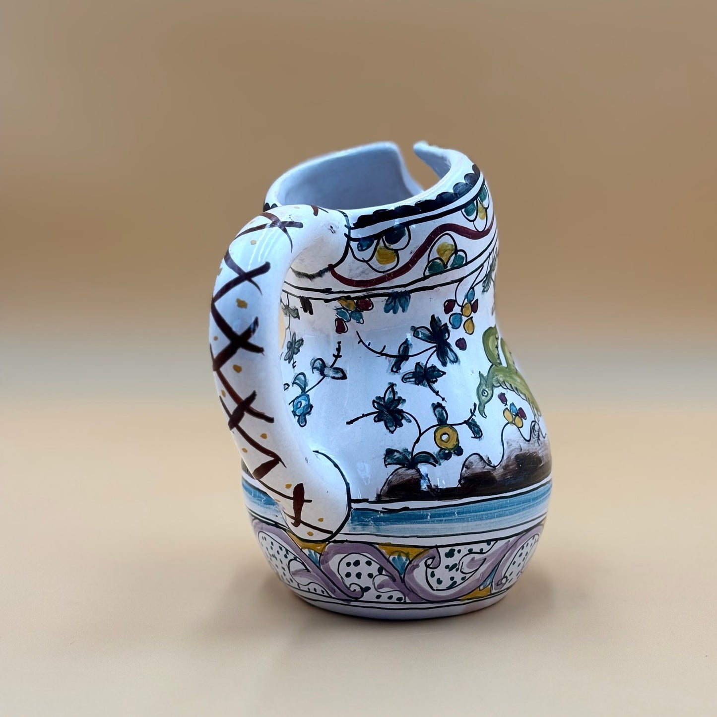 Vintage Portuguese Coimbra Pitcher – Hand-Painted Bird & Floral Talavera-Style Pottery