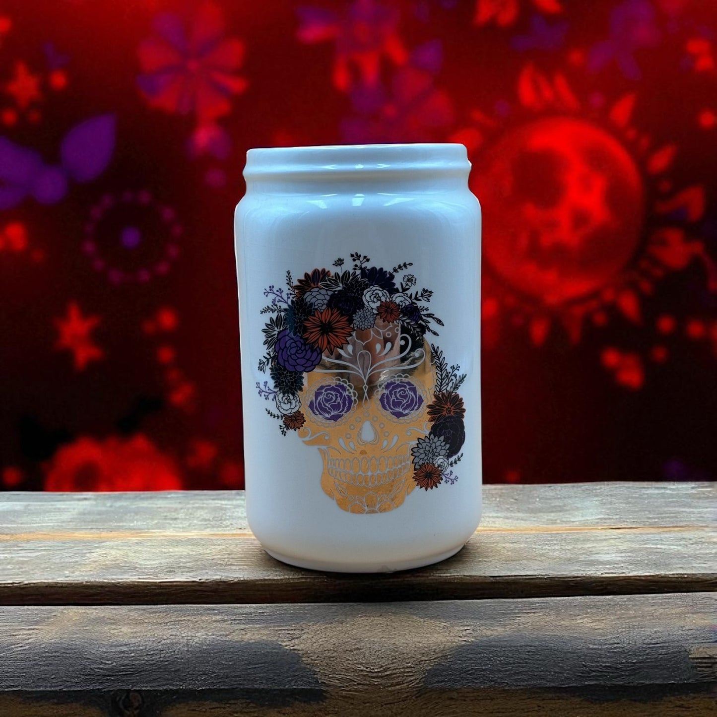 Floral Skull Porcelain Vase – Gold, Red, Purple & Black (7¼”)