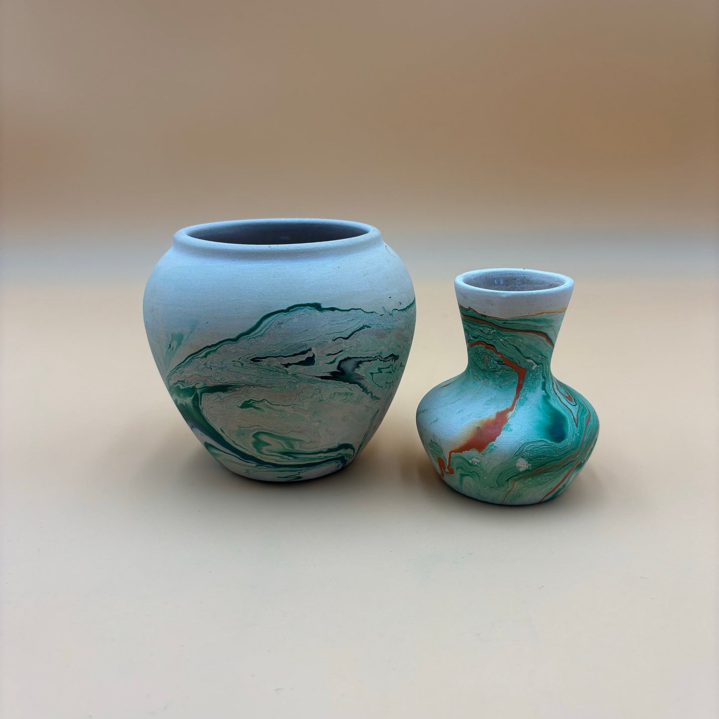 Pair of Vintage Nemadji Pottery Vases – Swirled Green, Blue & Orange Clay