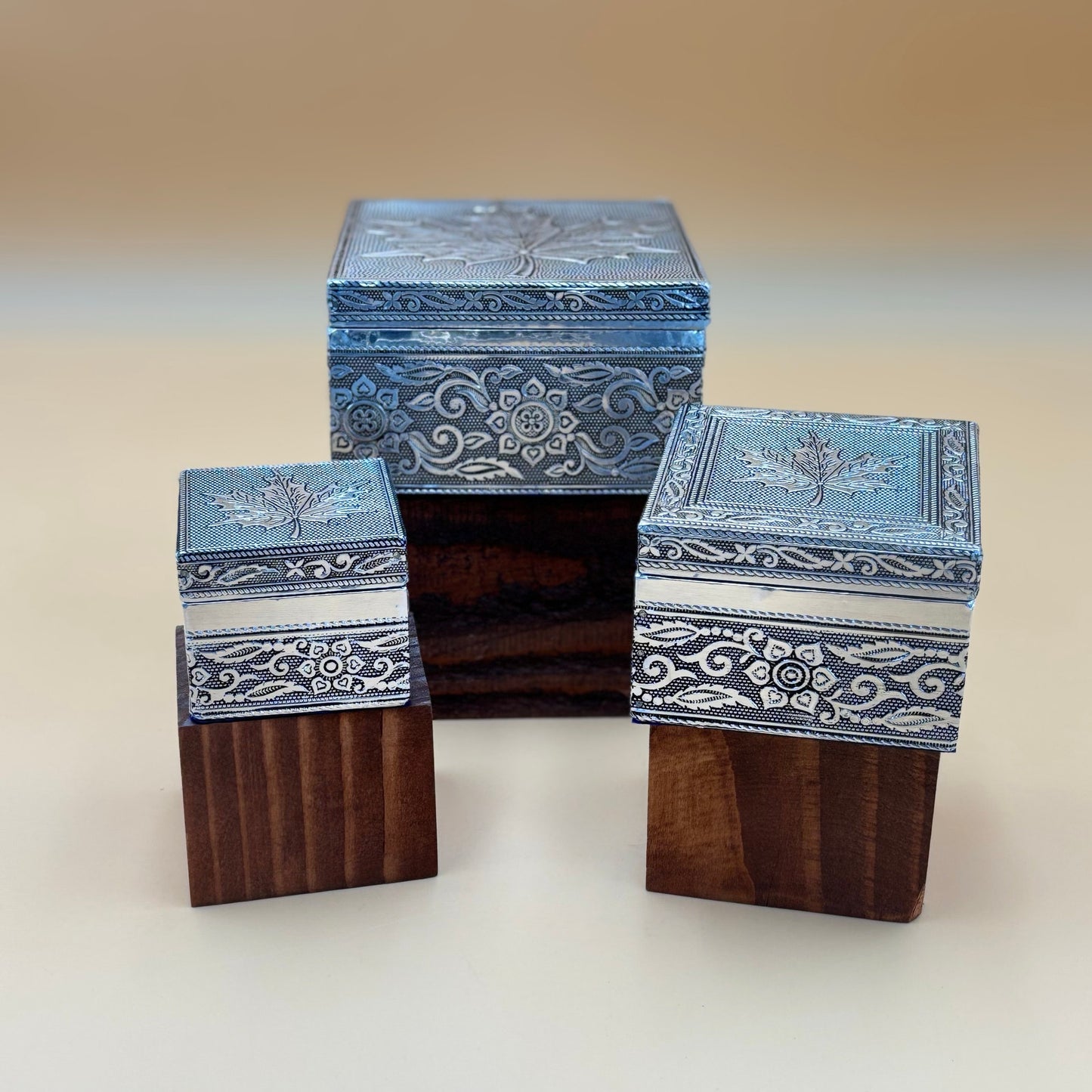 Handcrafted Silver-Toned Maple Leaf Trinket Box Set – 3 Sizes
