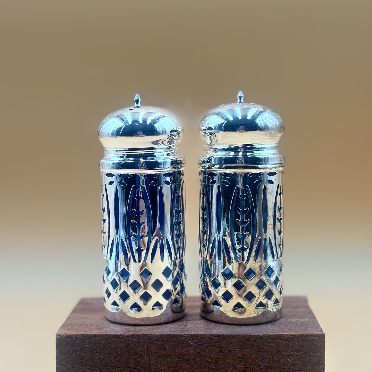 Sapphire Blue Glass Salt and Pepper Shakers with Silver Overlay